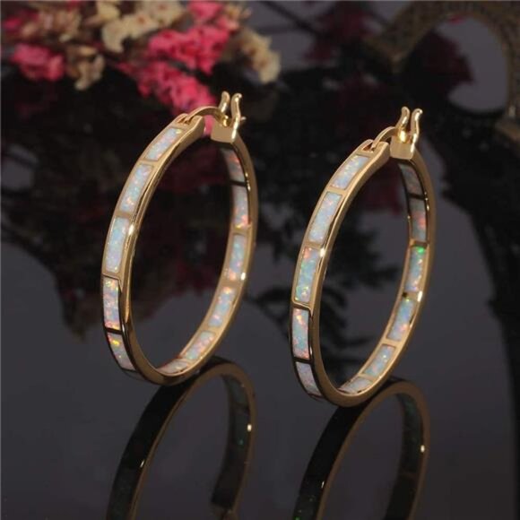 White Opal Hoop Earrings Gold Plated 32mm Gemstone Hoop Jewelry Gift for Women - Picture 5 of 7